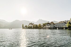 Blick auf Halbinsel Traunkirchen und Seehotel Das Traunsee